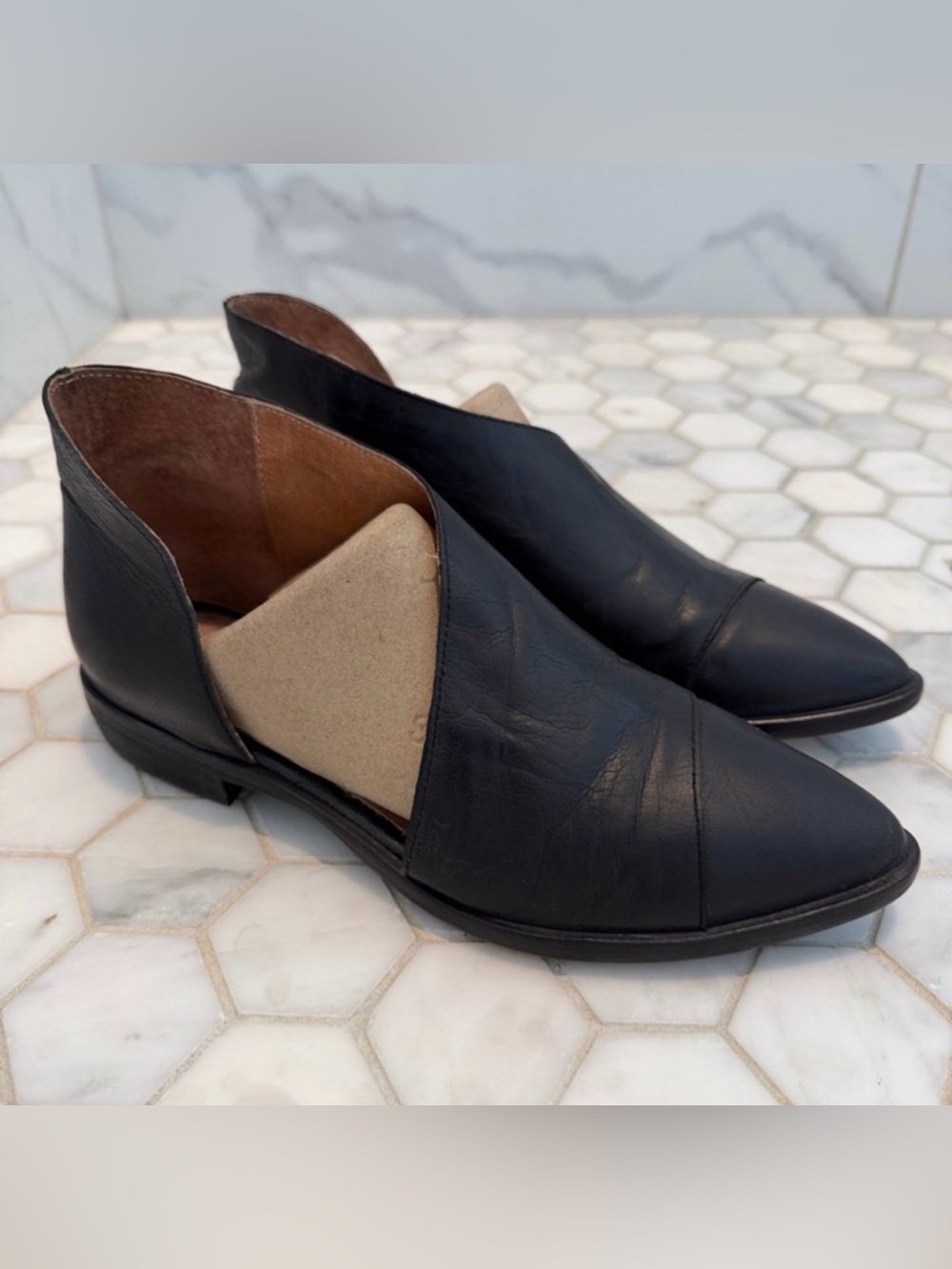 Free People Royale D’Orsay Black Asymmetrical Leather Flat Shoes Women’s 6.5